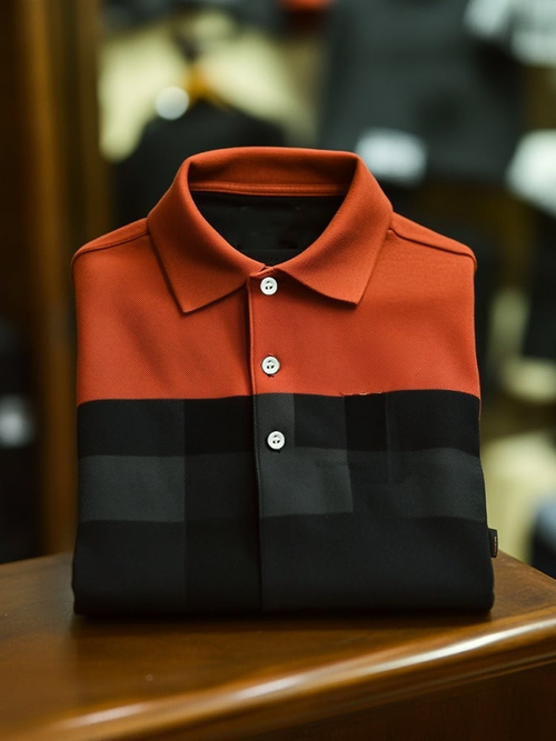 Men's Business Casual Orange and Black Block Logo Button Short Sleeve Polo Shirt