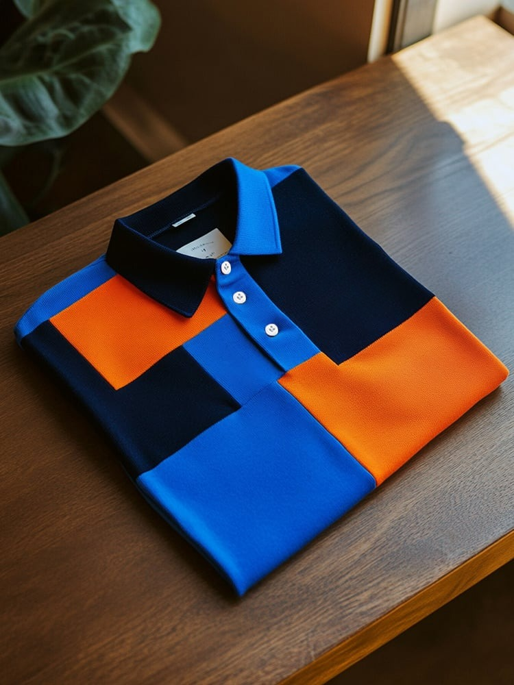 Men's Business Casual Blue and Orange Block Logo Button Short Sleeve Polo Shirt