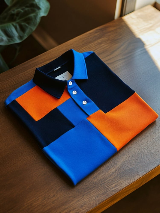 Men's Business Casual Blue and Orange Block Logo Button Short Sleeve Polo Shirt