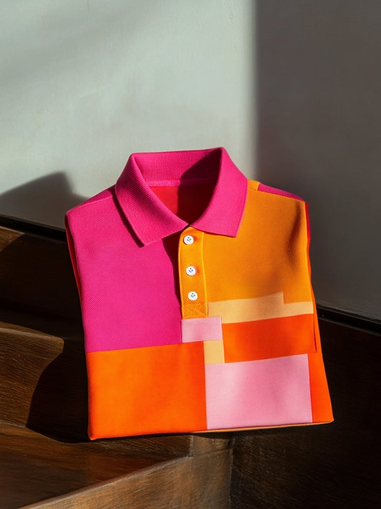 Men's Business Casual Pink and Orange Block Logo Button Short Sleeve Polo Shirt