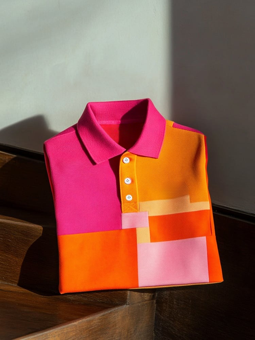 Men's Business Casual Pink and Orange Block Logo Button Short Sleeve Polo Shirt