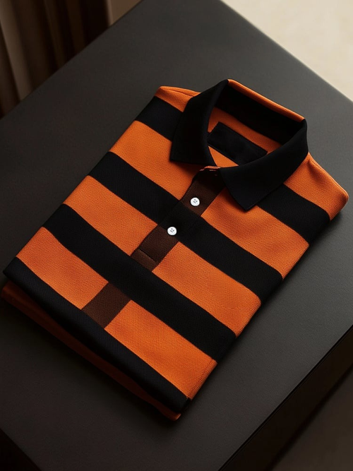 Men's Business Casual Black and Orange Stripe Logo Button Short Sleeve Polo Shirt