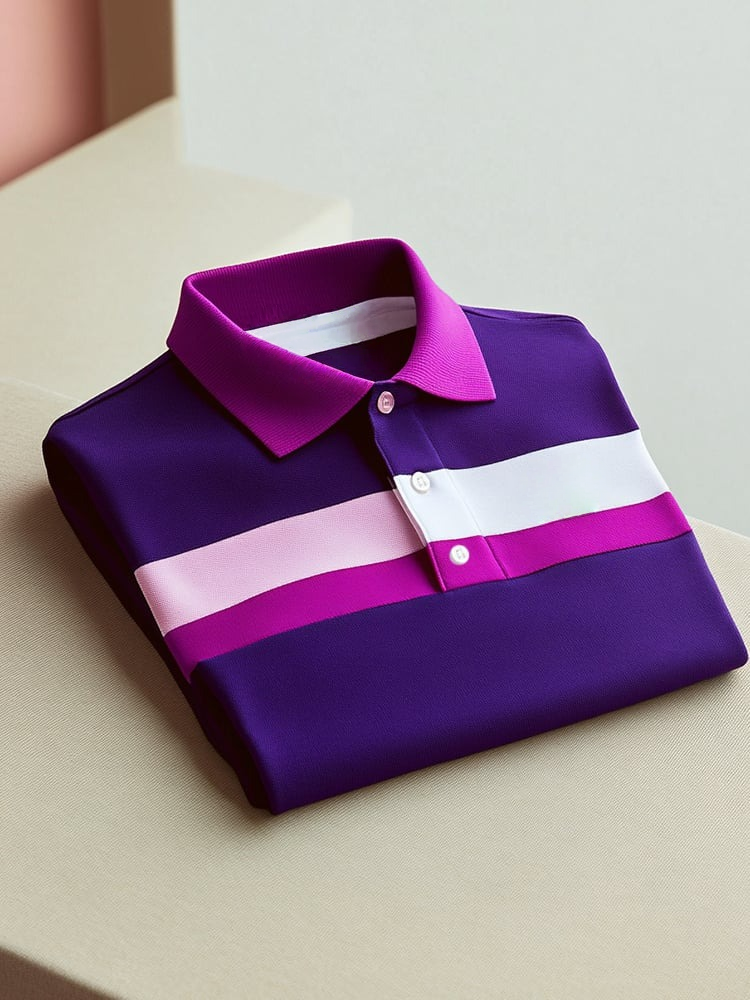Men's Business Casual Purple Stripe Logo Button Short Sleeve Polo Shirt