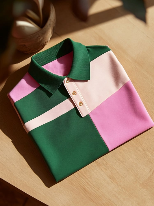 Men's Business Casual Pastel Green Block Logo Button Short Sleeve Polo Shirt