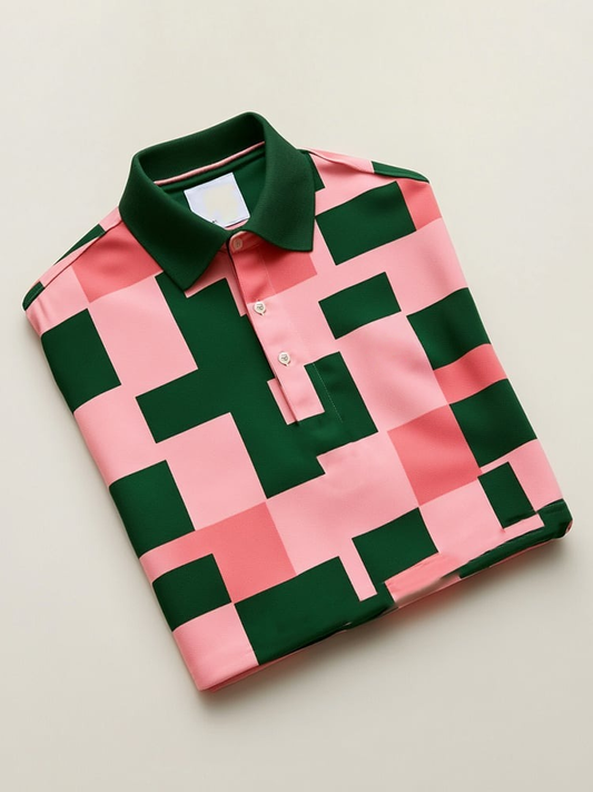 Men's Business Casual Pink Green Plaid Logo Button Short Sleeve Polo Shirt