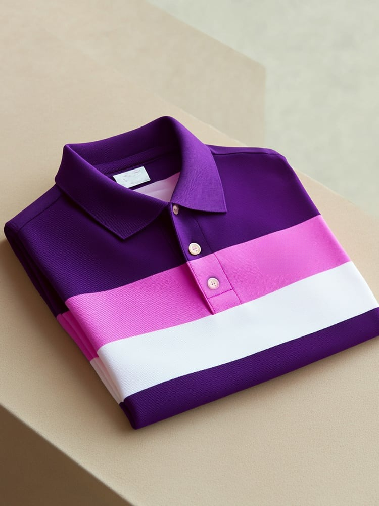 Men's Business Casual Purple Pink Stripe Logo Button Short Sleeve Polo Shirt