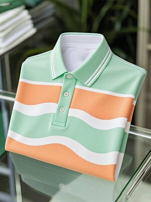 Men's Business Casual Orange and Green Wave Logo Button Short Sleeve Polo Shirt