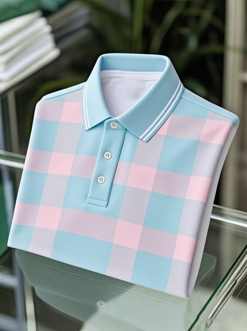 Men's Business Casual Blue and Pink Plaid Logo Button Short Sleeve Polo Shirt