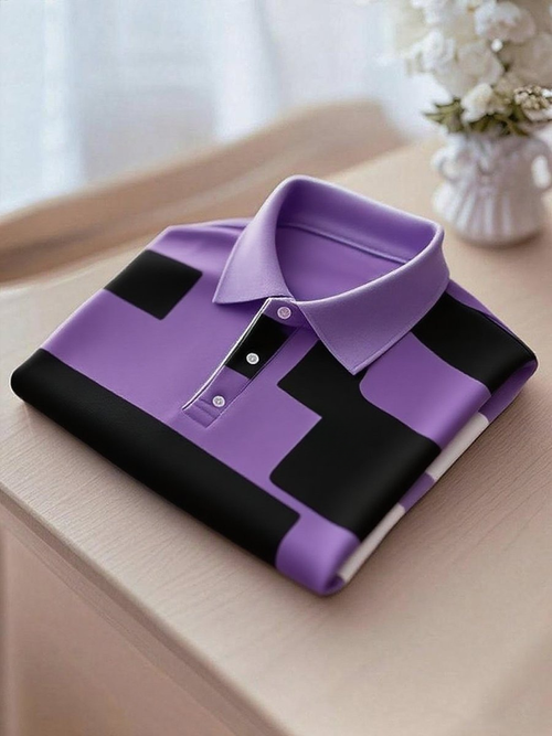 Men's Business Casual Purple and Black Logo Button Short Sleeve Polo Shirt