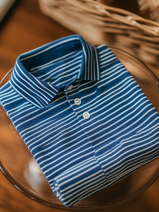 Men's Business Casual Striped Button Short Sleeve Polo Shirt