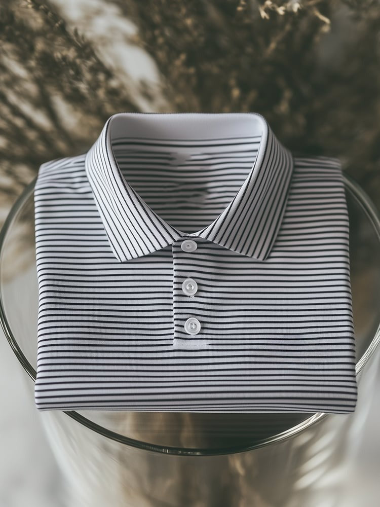 Men's Business Casual Striped Button Short Sleeve Polo Shirt