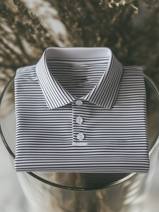 Men's Business Casual Striped Button Short Sleeve Polo Shirt