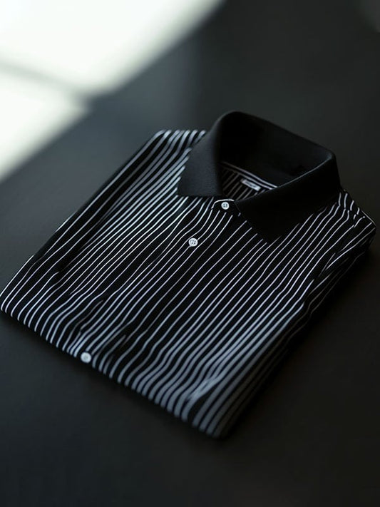 Men's Classic Casual Striped    Logo Short Sleeve Shirt