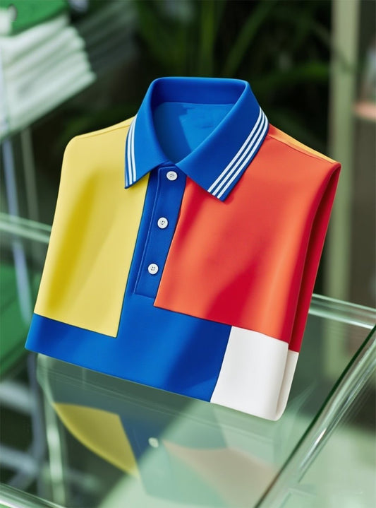 Men's Smart Casual Color Block Logo Button Short Sleeve Polo Shirt