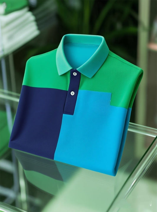 Men's Smart Casual Color Block Logo Button Short Sleeve Polo Shirt