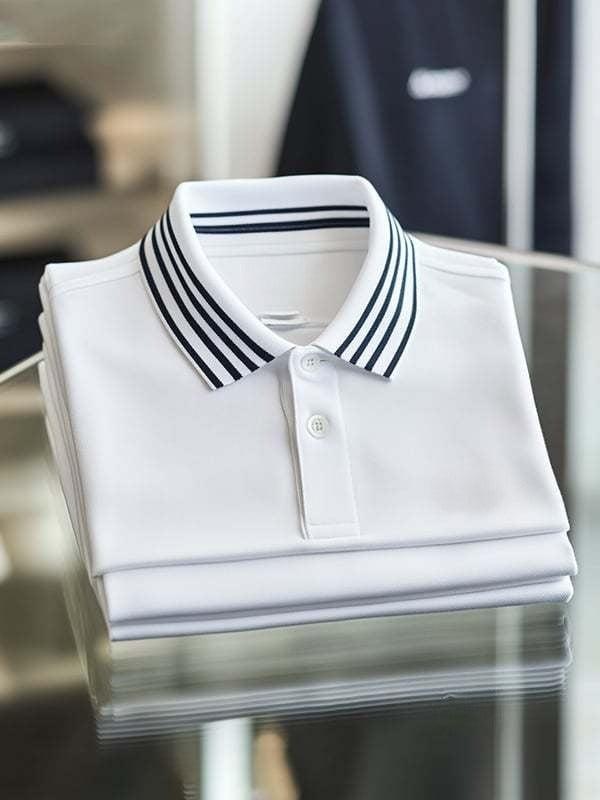 Men's Business Stripe Logo Print Short Sleeve Polo Shirt