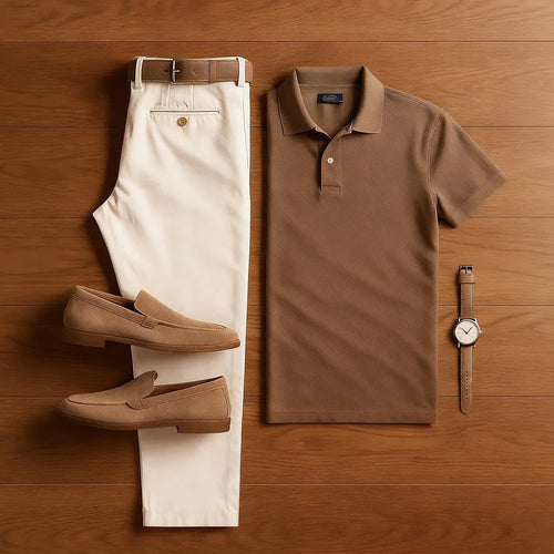 Men's Casual Color Matching Printed Polo-Collar Short Sleeved Trousers Two-Piece Set 15  1966453