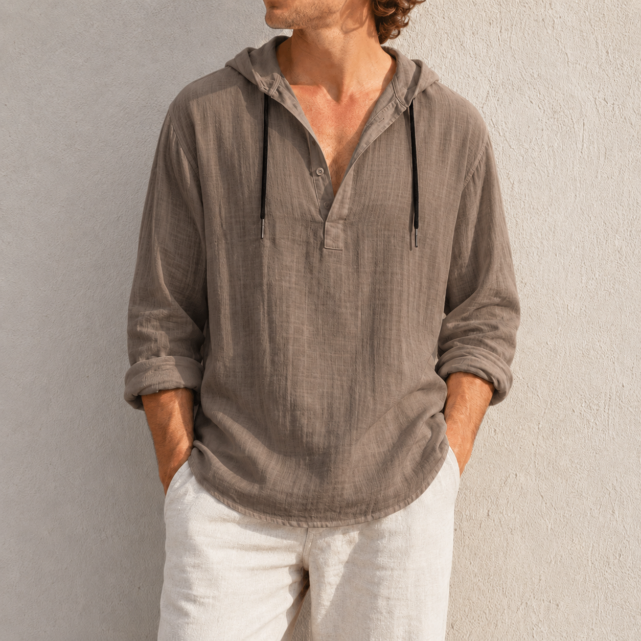 Fashioninprint Men's Fashion Retro Long Sleeve Loose Casual Henley Shirts