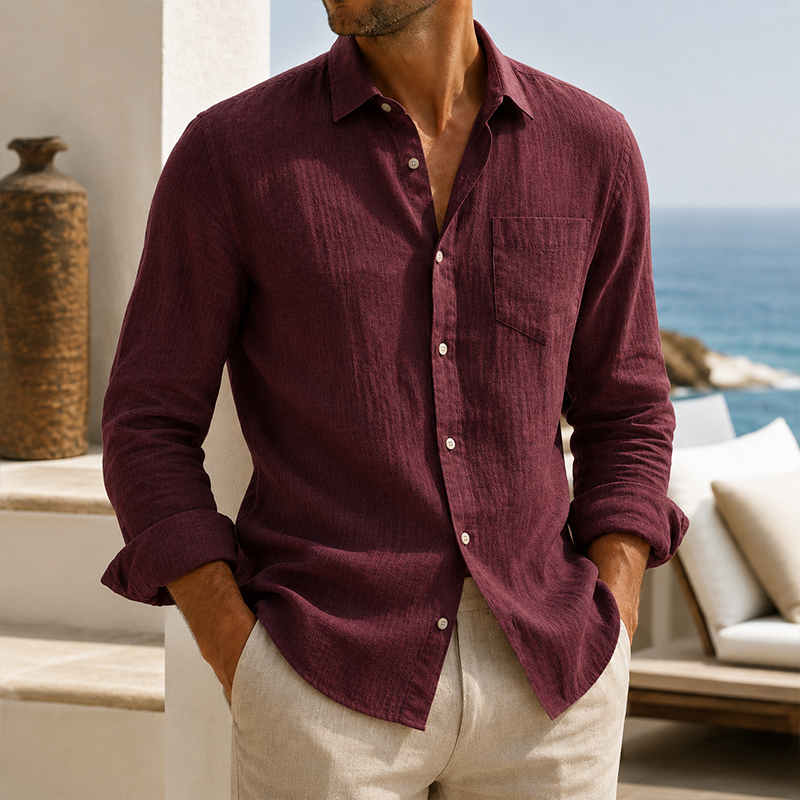Fashioninprint Men’s Lightweight Textured Cotton Linen Long Sleeve Shirt