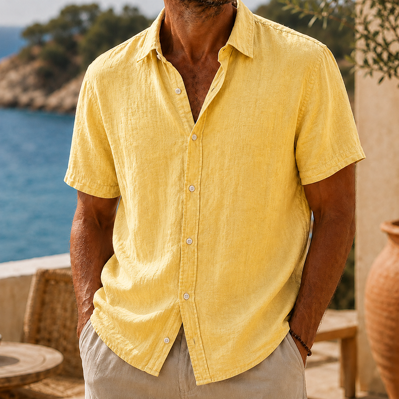 Fashioninprint Men’s Vintage Washed Cotton Linen Short Sleeve Shirt