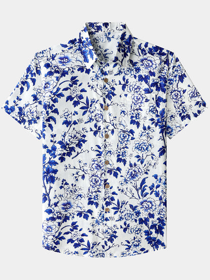 Men’s Blue Floral Short Sleeve Button Down Breathable Cool Casual Summer Shirt