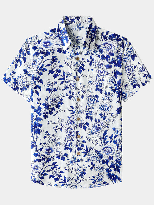 Men’s Blue Floral Short Sleeve Button Down Breathable Cool Casual Summer Shirt