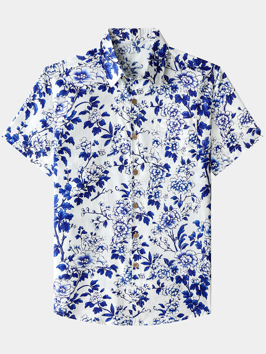 Men’s Blue Floral Short Sleeve Button Down Breathable Cool Casual Summer Shirt