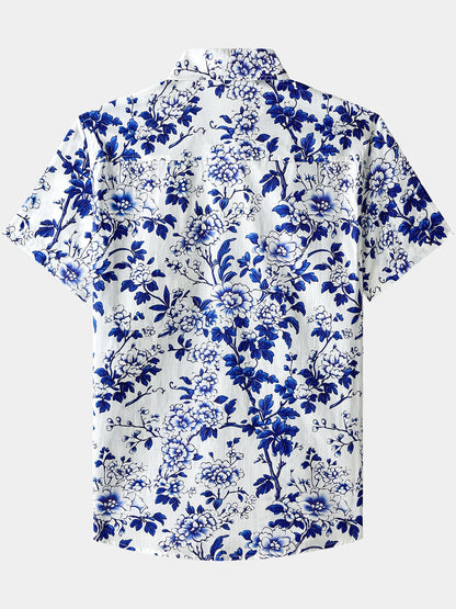 Men’s Blue Floral Short Sleeve Button Down Breathable Cool Casual Summer Shirt
