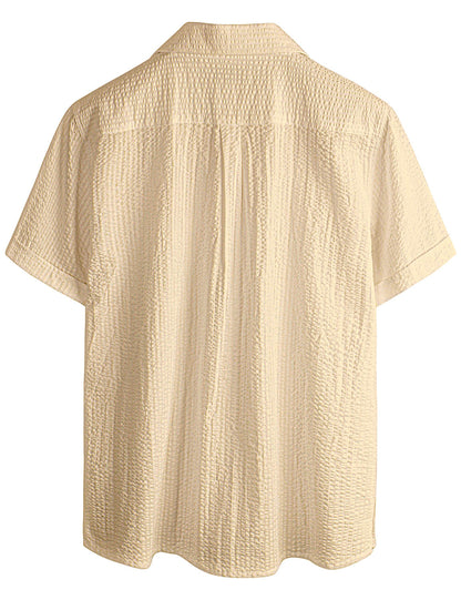 Men's Cotton Pocket Casual Solid Color Beach Summer Button Up Short Sleeve Shirt