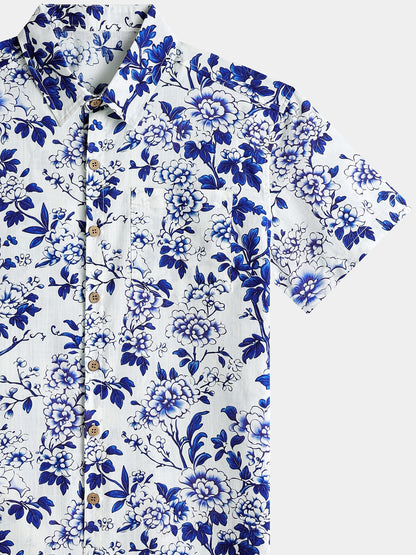 Men’s Blue Floral Short Sleeve Button Down Breathable Cool Casual Summer Shirt