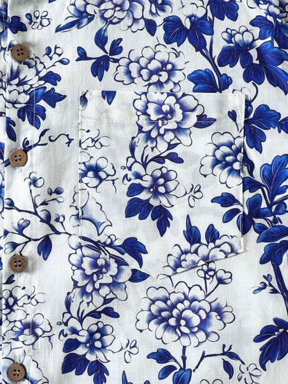 Men’s Blue Floral Short Sleeve Button Down Breathable Cool Casual Summer Shirt
