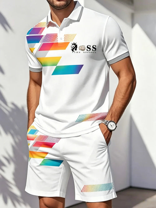 Men's Retro Letter Design Casual Business Short Sleeve Polo Shirt Suit