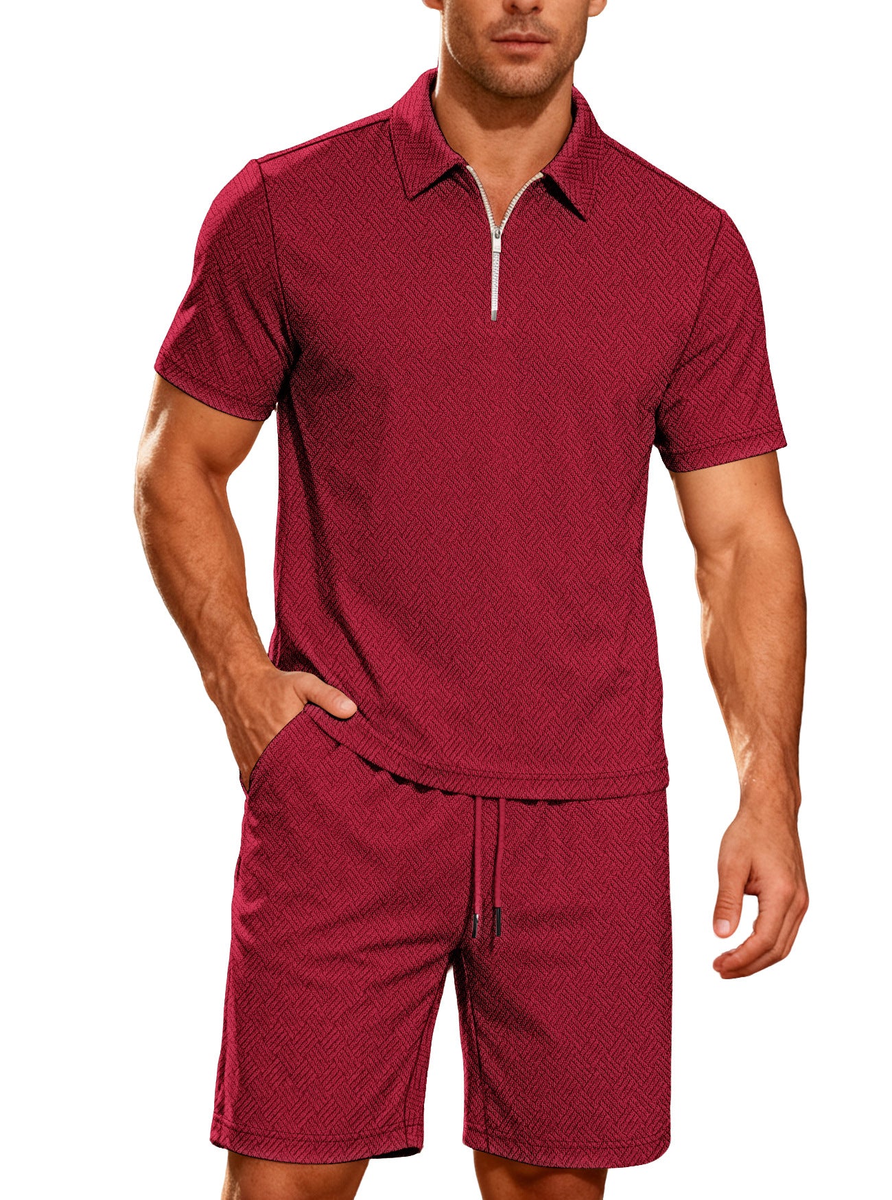 Men's Short Sleeve Zip Polo Shorts Set