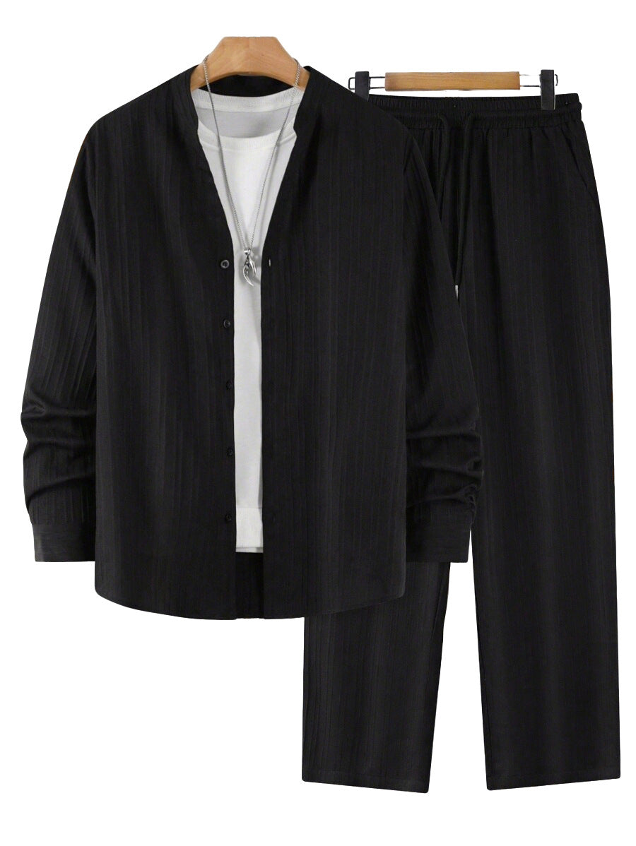 Solid-color, collarless, long-sleeved shirt and trousers two-piece set