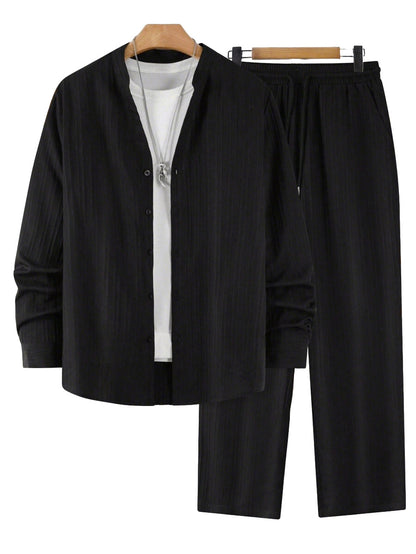 Solid-color, collarless, long-sleeved shirt and trousers two-piece set