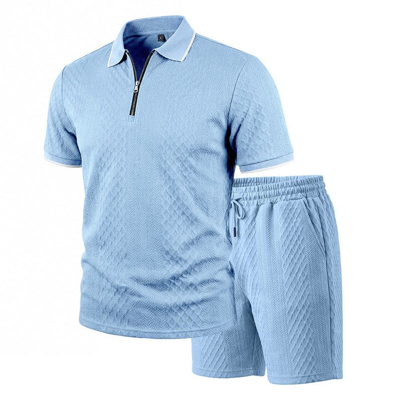 Men's Jacquard Polo Shirt & Shorts Set | Relaxed Zip-Up Commuter 2-Piece
