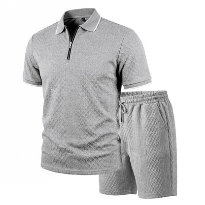 Men's Jacquard Polo Shirt & Shorts Set | Relaxed Zip-Up Commuter 2-Piece