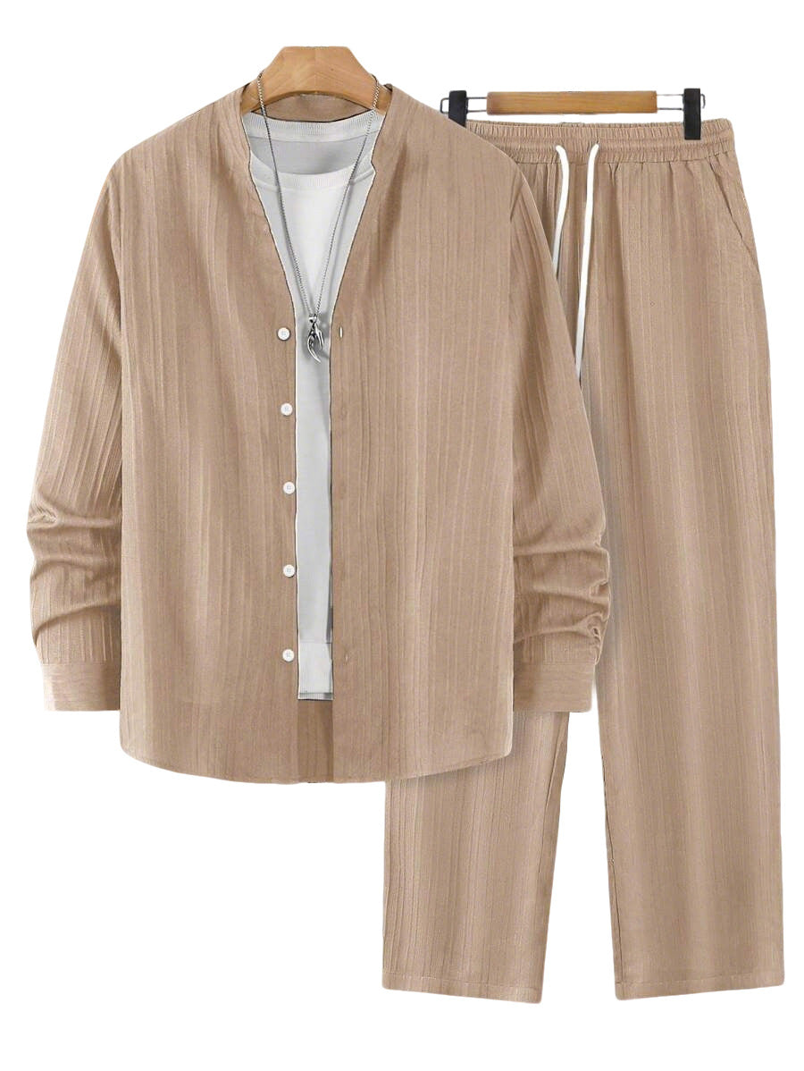 Solid-color, collarless, long-sleeved shirt and trousers two-piece set