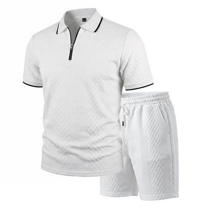 Men's Jacquard Polo Shirt & Shorts Set | Relaxed Zip-Up Commuter 2-Piece