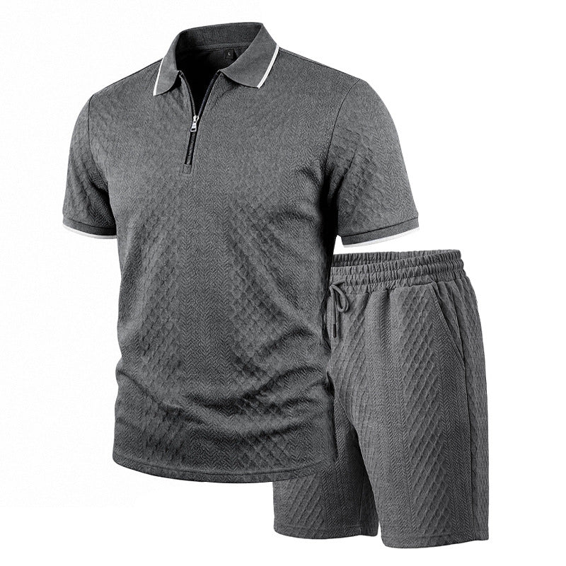 Men's Jacquard Polo Shirt & Shorts Set | Relaxed Zip-Up Commuter 2-Piece