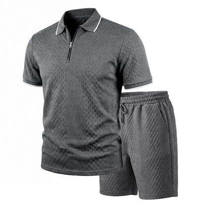 Men's Jacquard Polo Shirt & Shorts Set | Relaxed Zip-Up Commuter 2-Piece