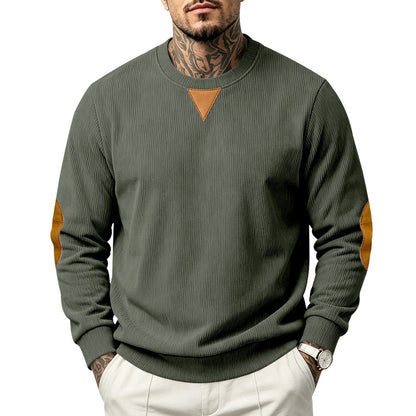 Men's Corduroy Crew Neck Sweatshirt | Relaxed Fit Embroidered Long Sleeve Top