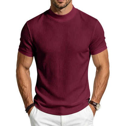 Men's Solid Jacquard Mock Neck Shirt | Slim Fit Minimalist Short Sleeve Top
