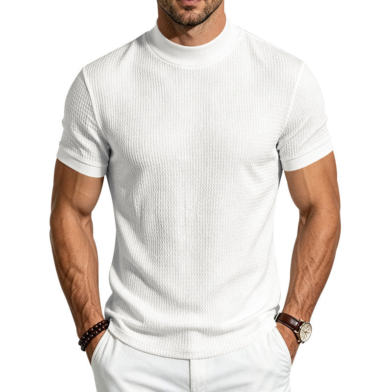 Men's Solid Jacquard Mock Neck Shirt | Slim Fit Minimalist Short Sleeve Top