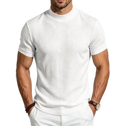 Men's Solid Jacquard Mock Neck Shirt | Slim Fit Minimalist Short Sleeve Top