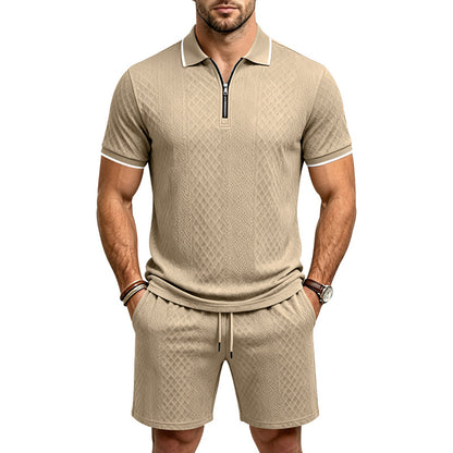 Men's Jacquard Polo Shirt & Shorts Set | Relaxed Zip-Up Commuter 2-Piece