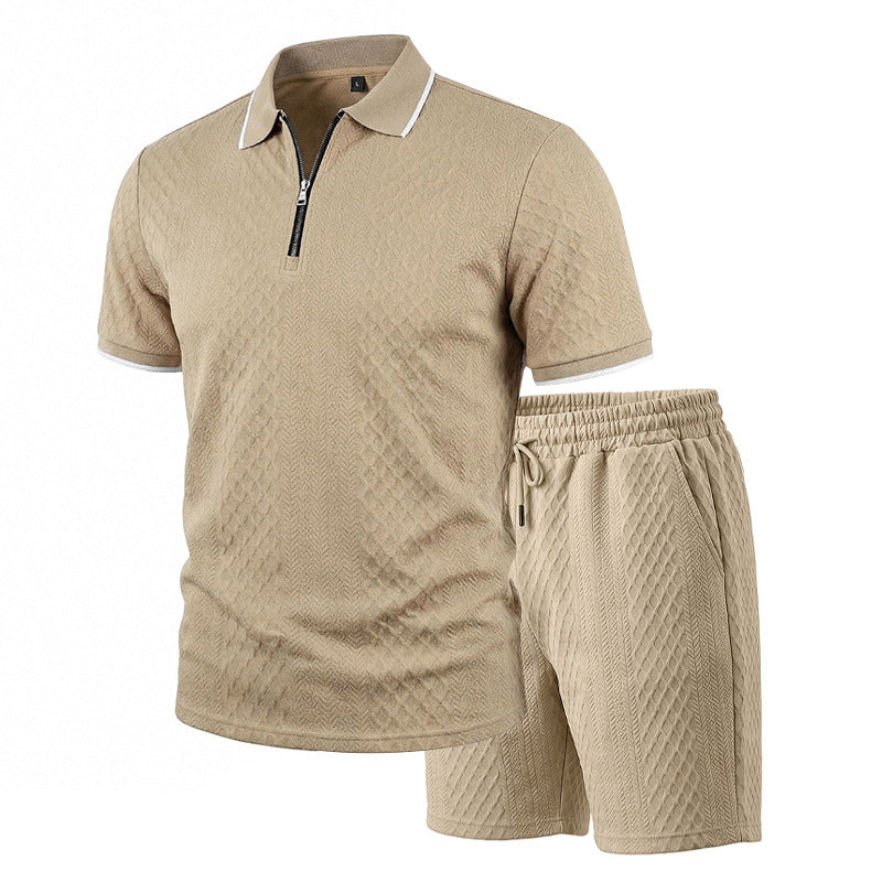 Men's Jacquard Polo Shirt & Shorts Set | Relaxed Zip-Up Commuter 2-Piece