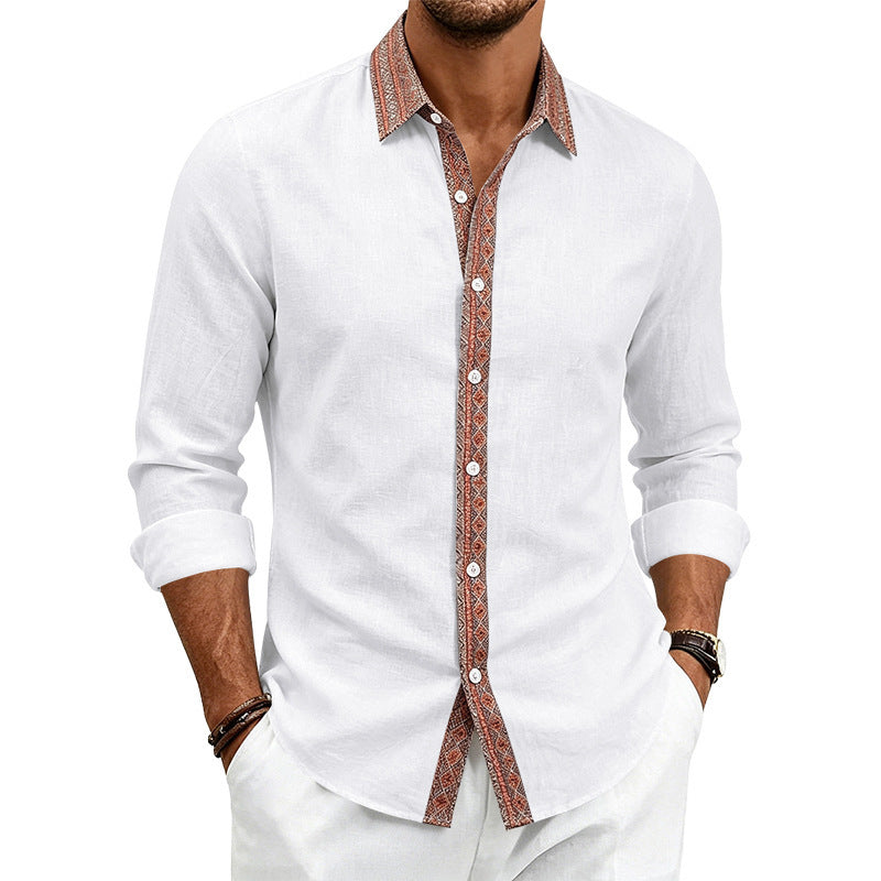 Men's Linen Shirt Long Sleeve | Contrast Placket Collared Shirt