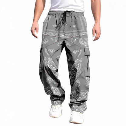 Men's All-Over Print Cargo Pants | Multi-Pocket Drawstring Trousers