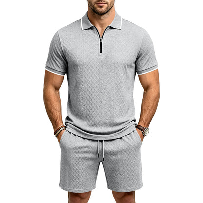 Men's Jacquard Polo Shirt & Shorts Set | Relaxed Zip-Up Commuter 2-Piece